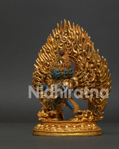 Handcrafted Nepalese Yamantaka deity with intricate ornaments and lotus pedestal