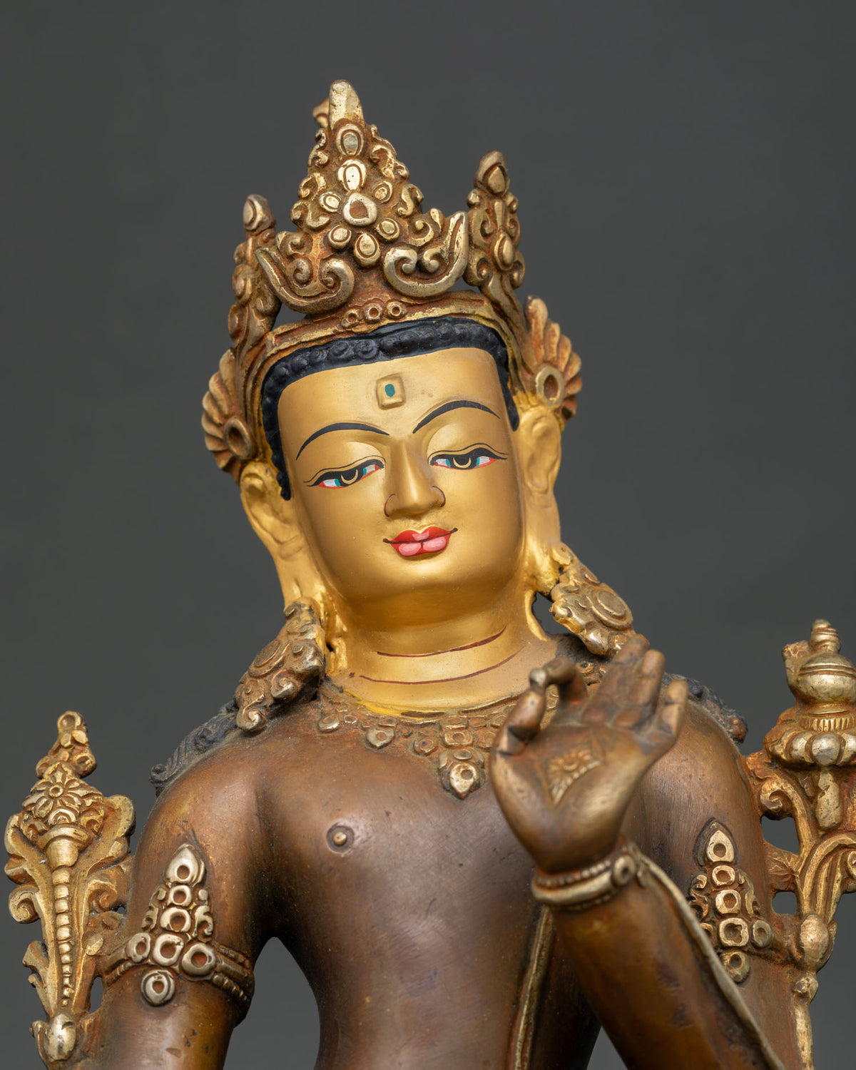 Handcrafted Newari Bodhisattva Statue with Gold Painted Face and Ornate Crownn