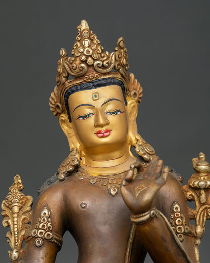 Handcrafted Newari Bodhisattva Statue with Gold Painted Face and Ornate Crownn
