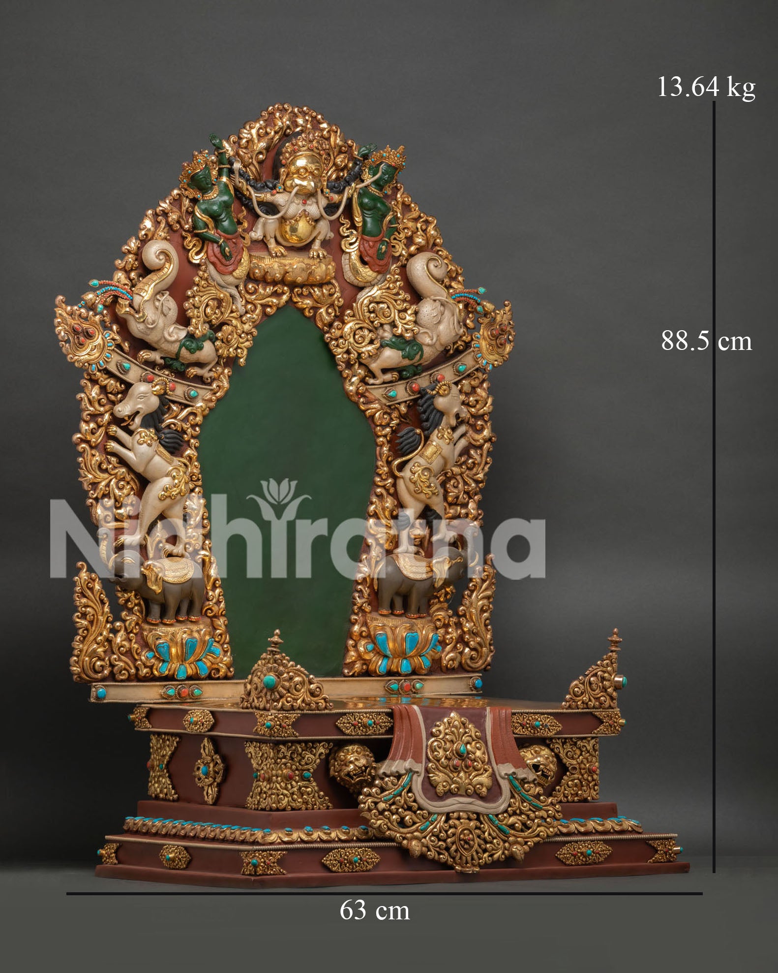 Handcrafted Newari Buddhist throne with mythical creatures and semi precious stones