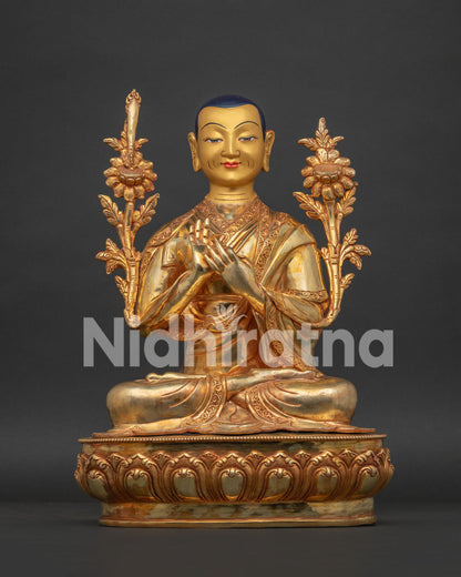 Handcrafted Newari Tsongkhapa trio showing serene faces and traditional Buddhist details