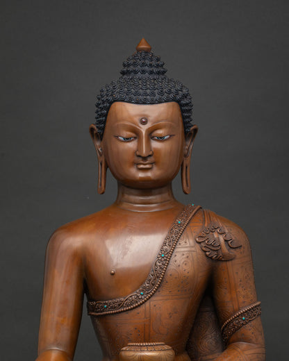 Handcrafted Oxidized Copper Buddha Statue, Close-Up of Upper Body Detail