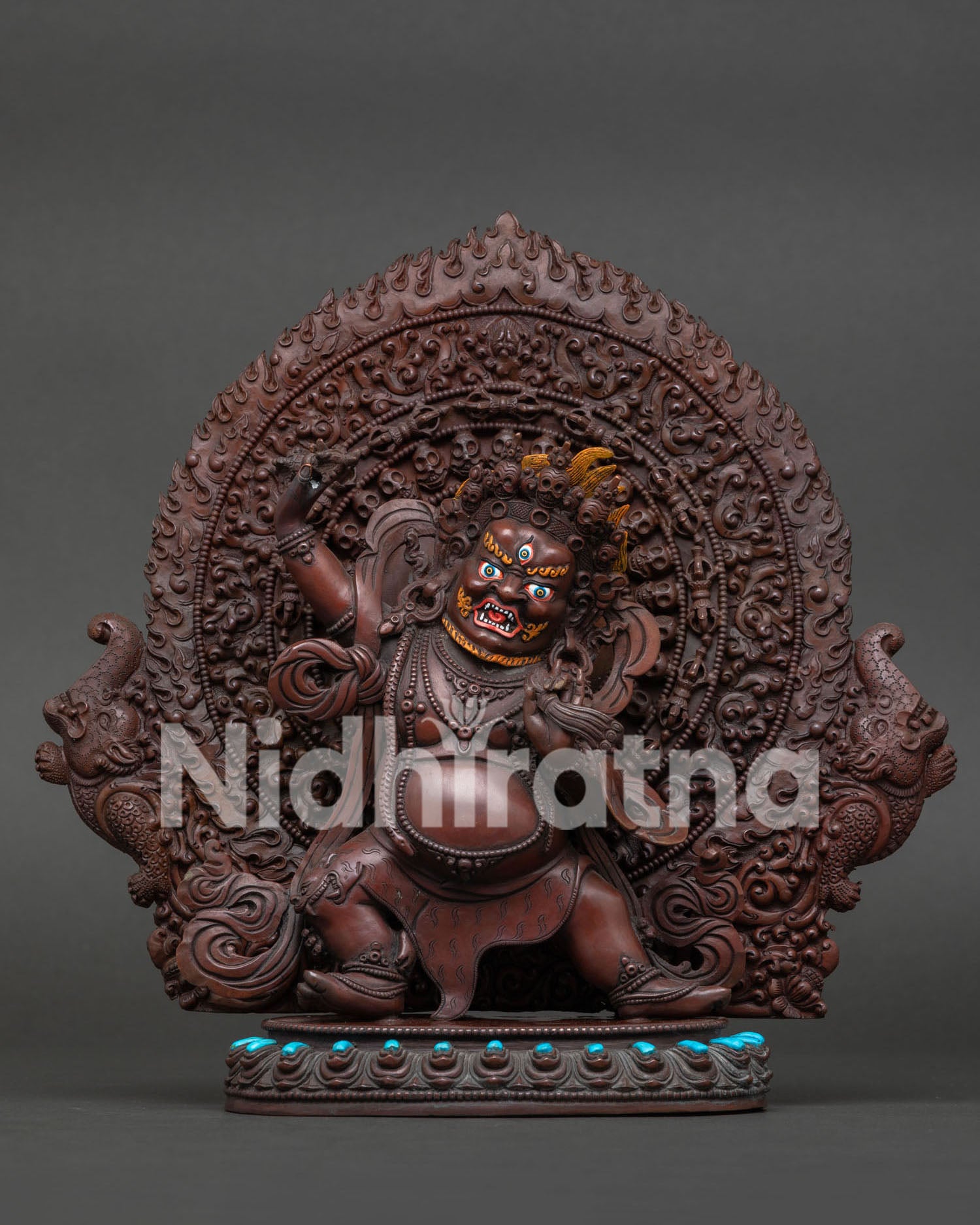 Handcrafted Oxidized Copper Vajrapani Statue with Lotus Base and Flaming Halo Front View