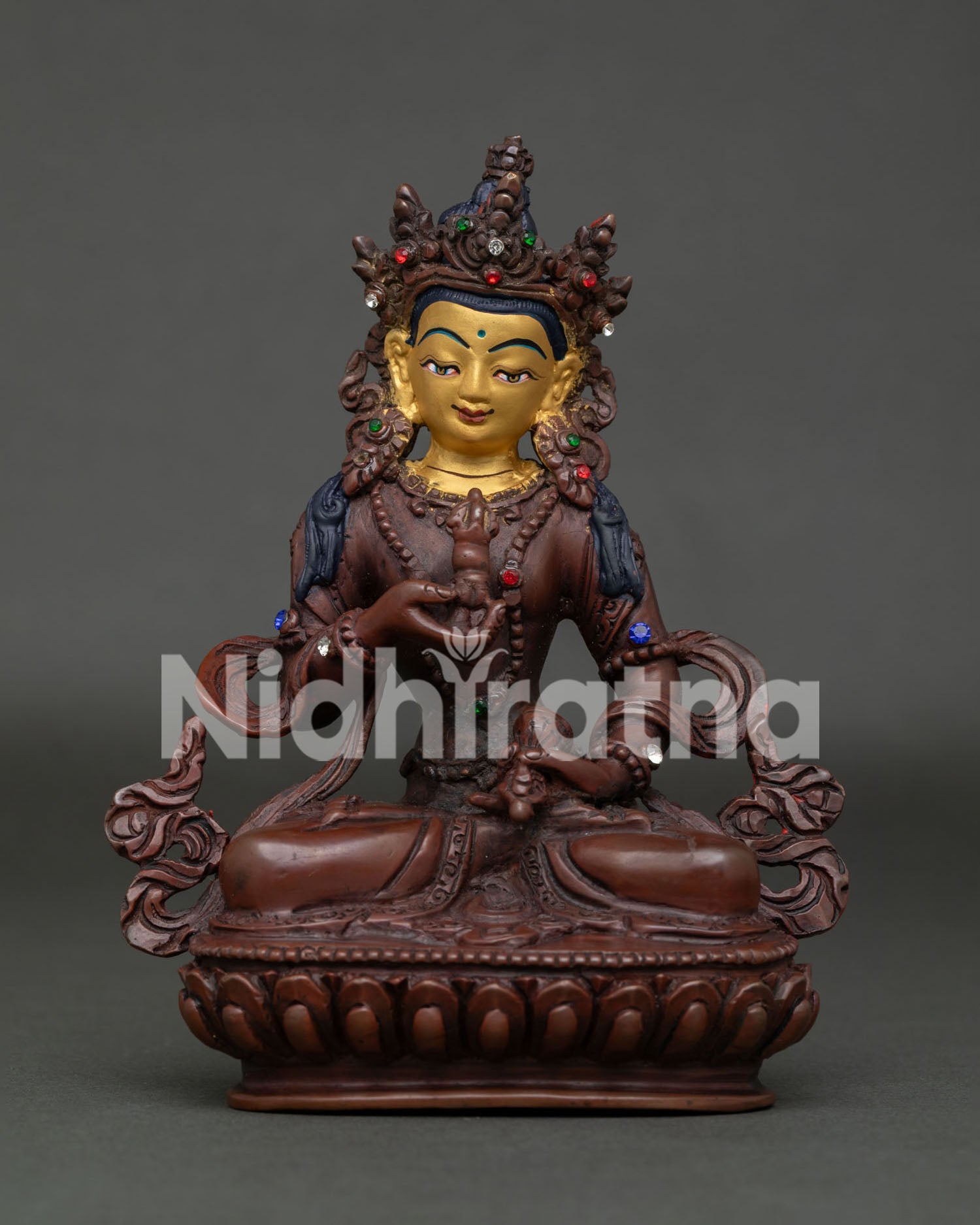 Handcrafted Oxidized Copper Vajrasattva Statue with Gold Painted Face on Lotus Pedestal.