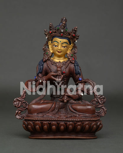 Handcrafted Oxidized Copper Vajrasattva Statue with Gold Painted Face on Lotus Pedestal.