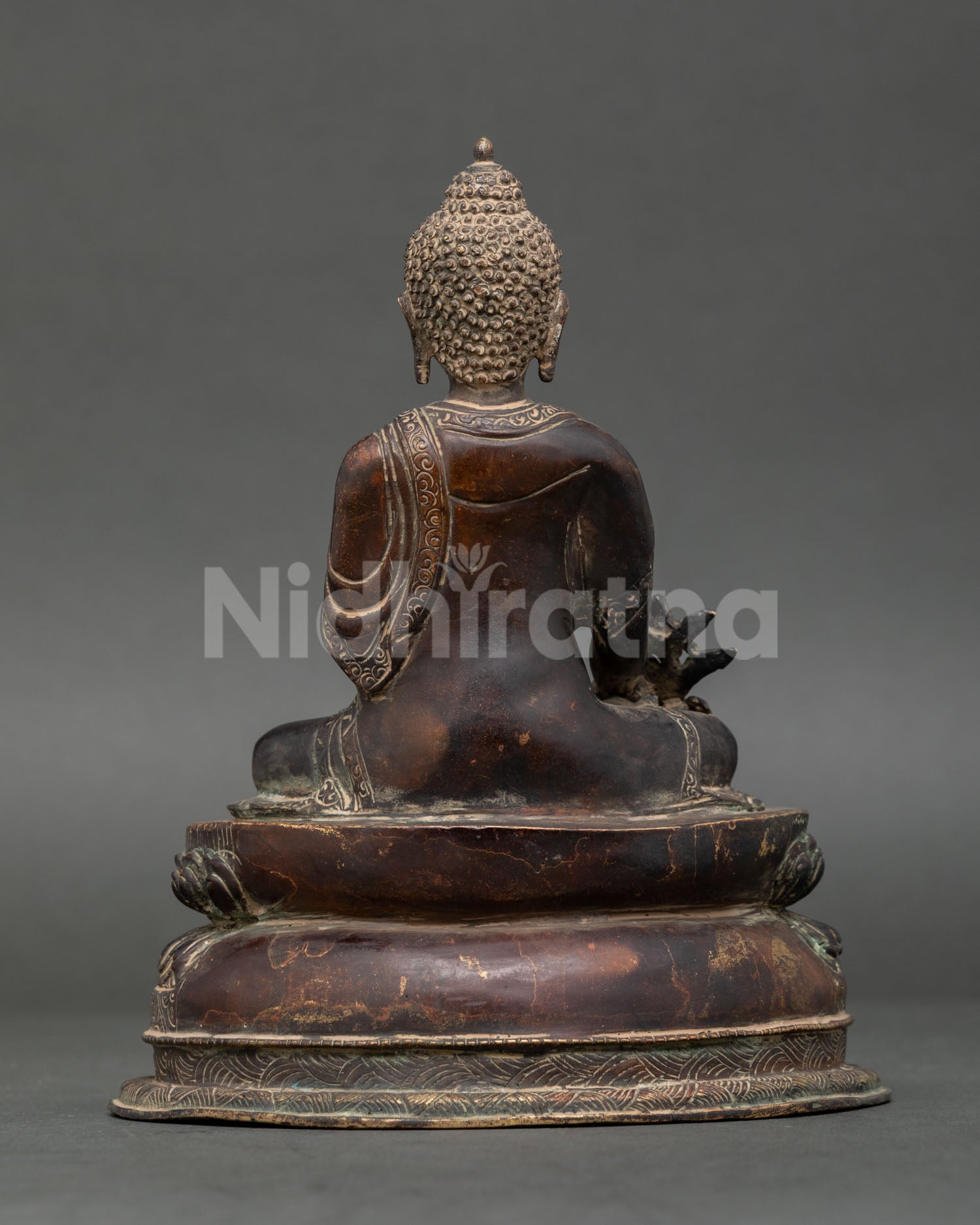 Handcrafted Oxidized Medicine Buddha statue on double lotus pedestal from Nepal