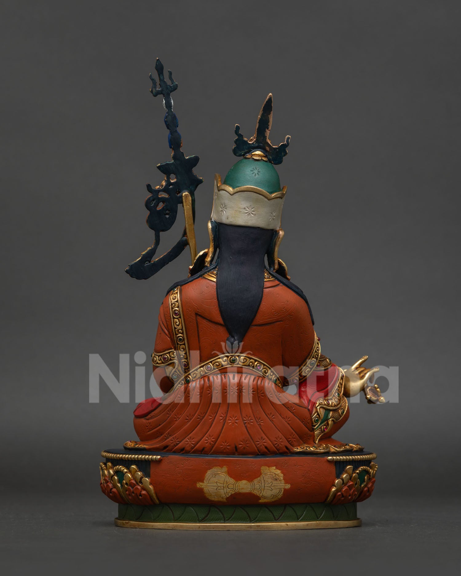 Handcrafted Padmasambhava Guru Rinpoche Statue back view with detailed gold gilding