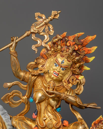 Handcrafted Palden Lhamo Buddhist Statue with 24K Gold Painted Face and Khatvanga Staff