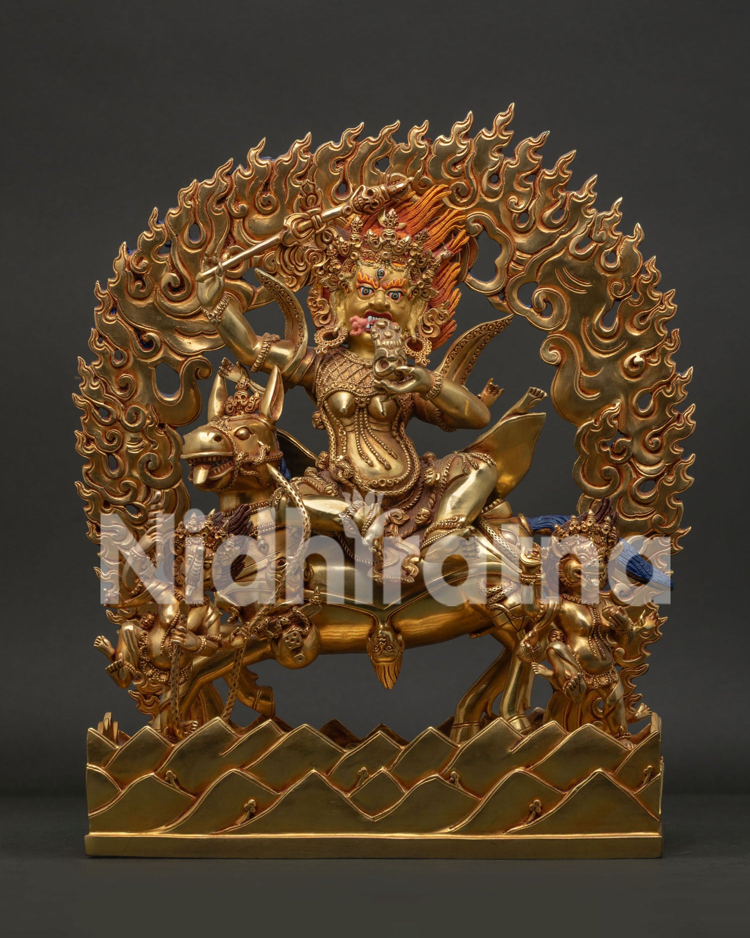 Handcrafted Palden Lhamo statue in 24K gold fire gilded copper from Nepal