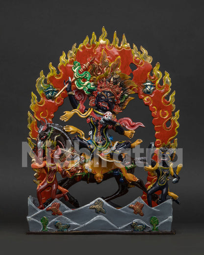 Handcrafted Palden Lhamo Statue in Copper with Acrylic Painted Finish by Newari Artisans.