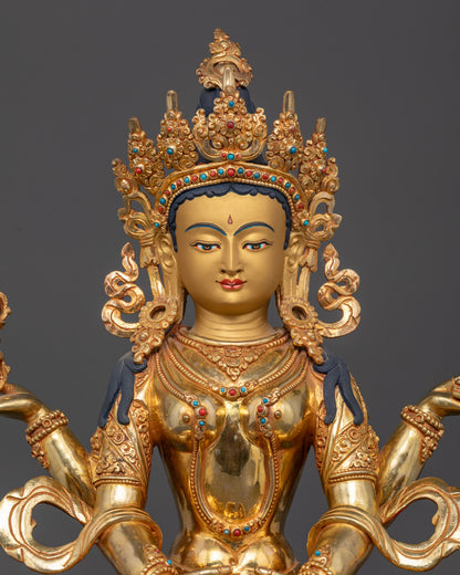 Handcrafted Prajnaparamita Statue with Gold Painted Face and Semi Precious Stones from Patan, Nepal