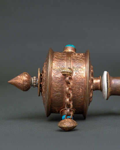 Handcrafted prayer wheel from nepal for buddhist altar with floral Semi-stone details.
