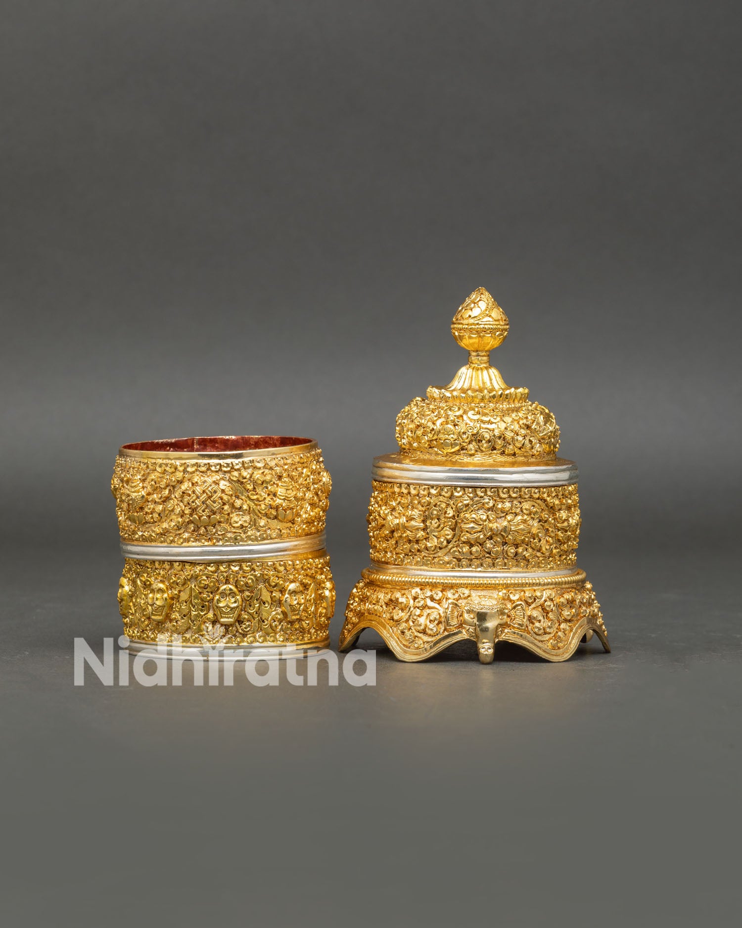 Handcrafted Rice Pot offering vessel displaying copper structure gold silver plated finish and sacred motif detailing for ritual rice offerings