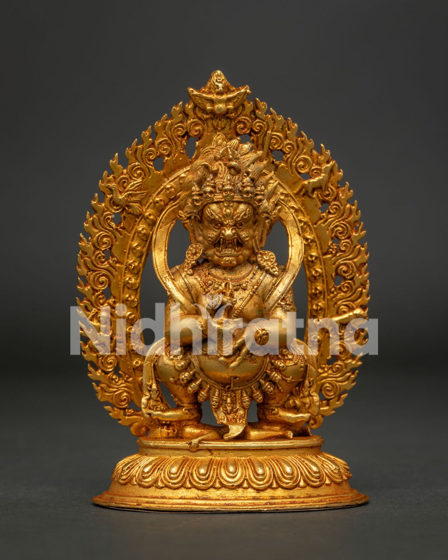 Handcrafted Sakya Mahakala Statue with Gold Fire Gilded Copper Finish.