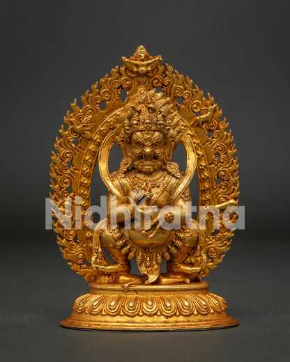 Handcrafted Sakya Mahakala Statue with Gold Fire Gilded Copper Finish.