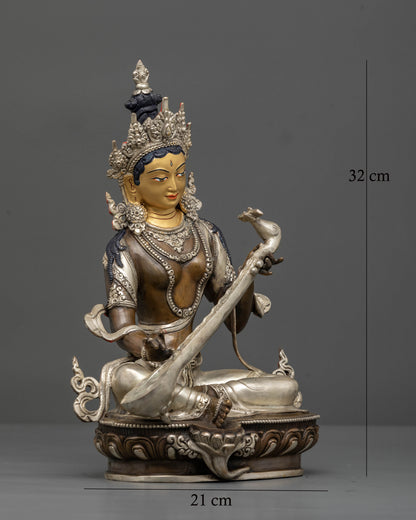 Handcrafted Saraswati statue from Patan Nepal with 24K gold painted face and silver plated finish