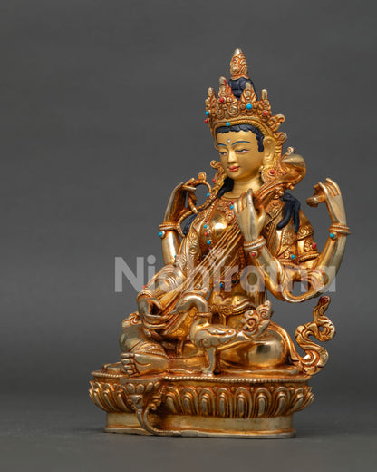 Handcrafted saraswati statue with gold gilded copper finish from patan nepal
