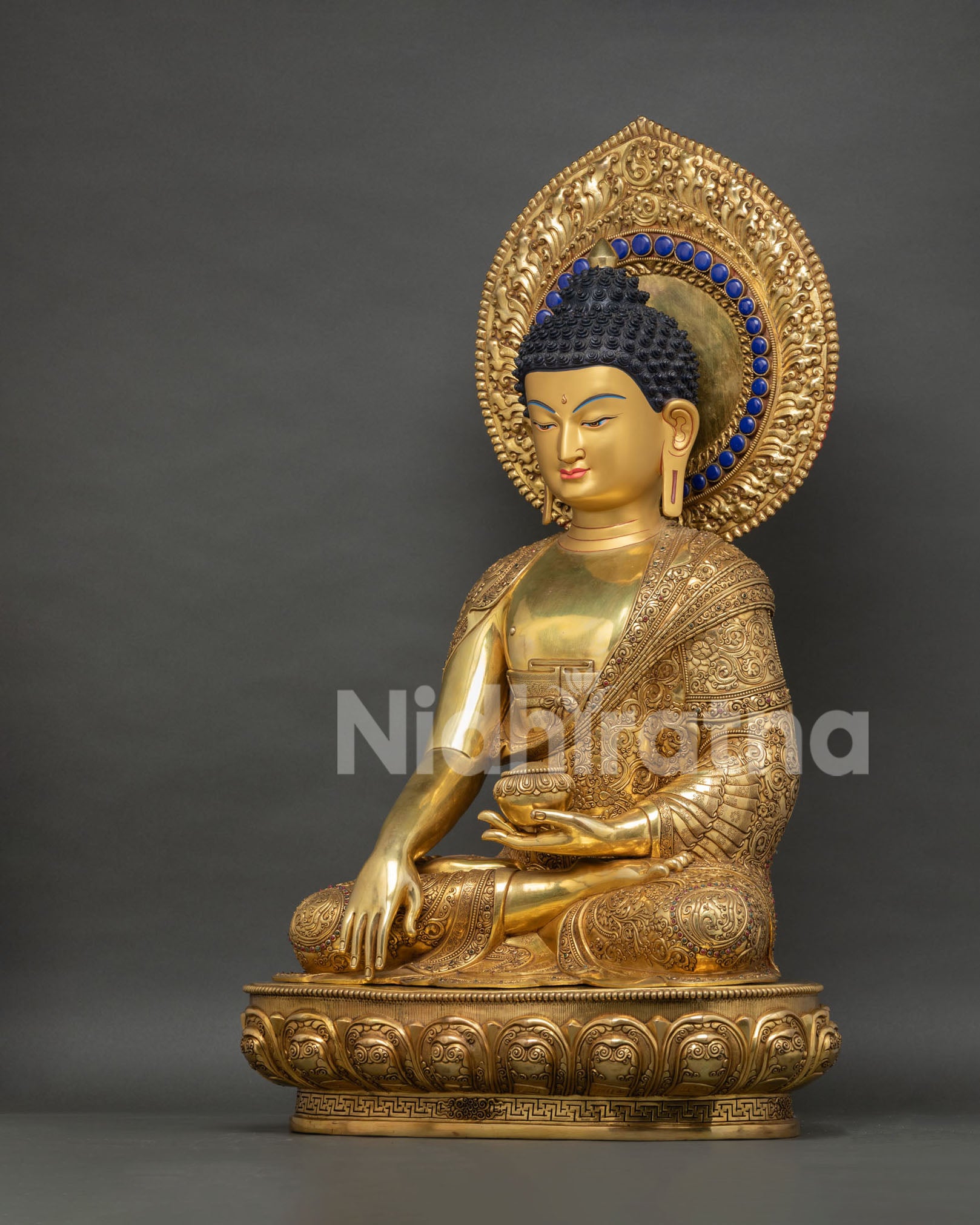 Handcrafted Shakyamuni Buddha Bhumisparsa Mudra Statue – Traditional Newari Metalwork with Stone Inlaya