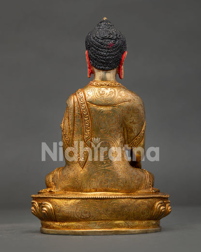 Handcrafted Shakyamuni Buddha copper statue from Nepal featuring gold gilding and Himalayan Buddhist artistry.