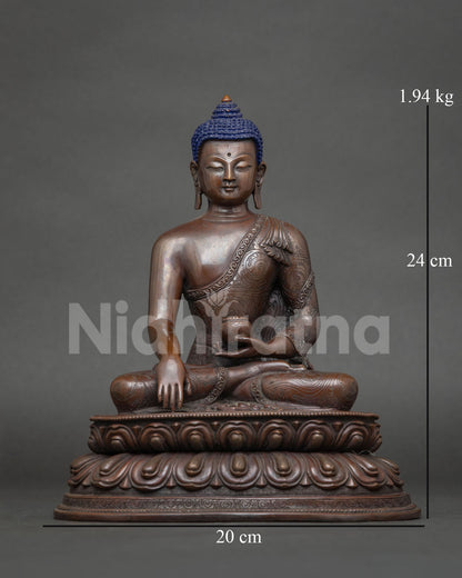 Handcrafted Shakyamuni Buddha statue in copper by Newari artisans from Patan, Nepal.
