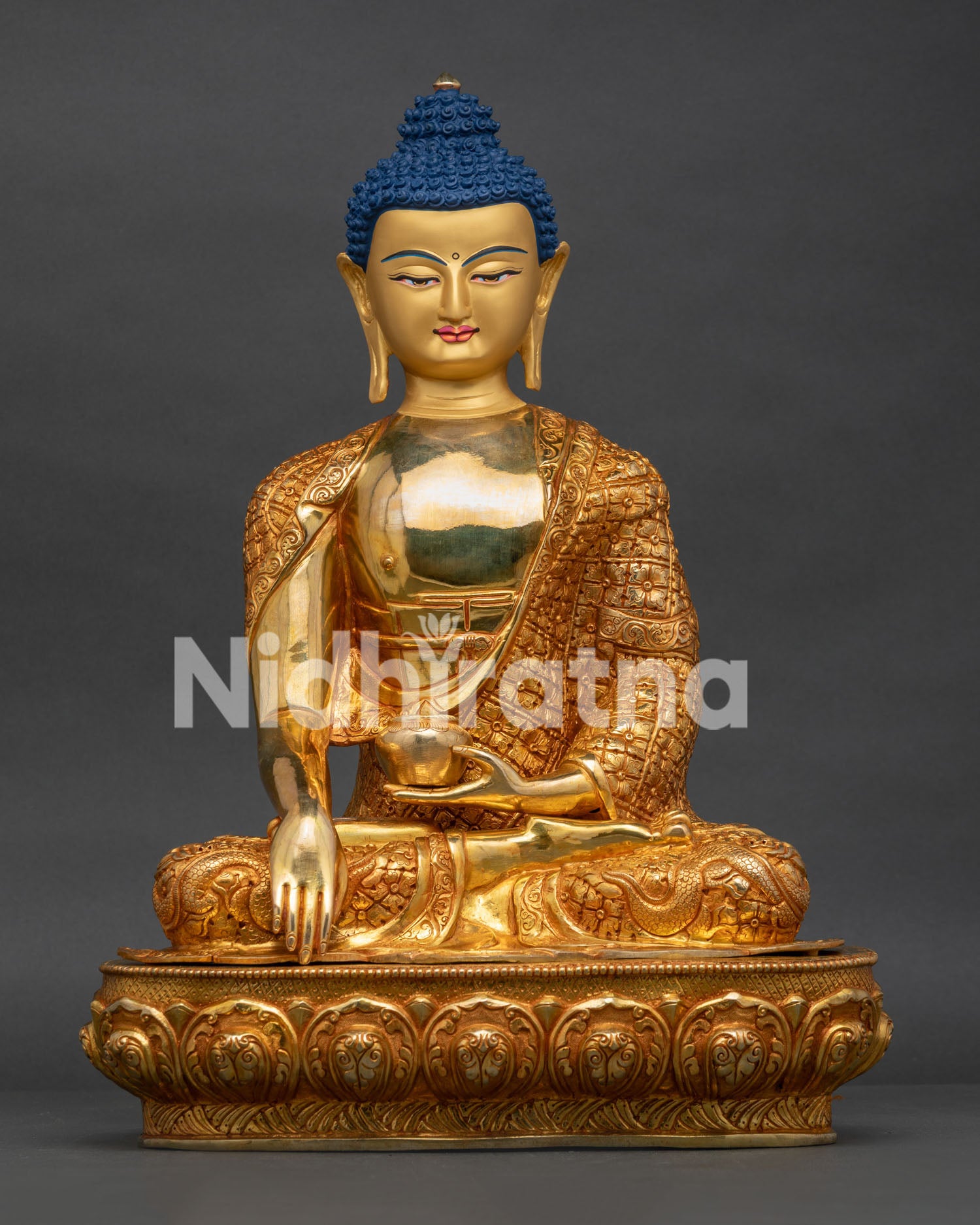 Handcrafted Shakyamuni Buddha Statue Front View Gold Fire Gilded Copper Sculpture