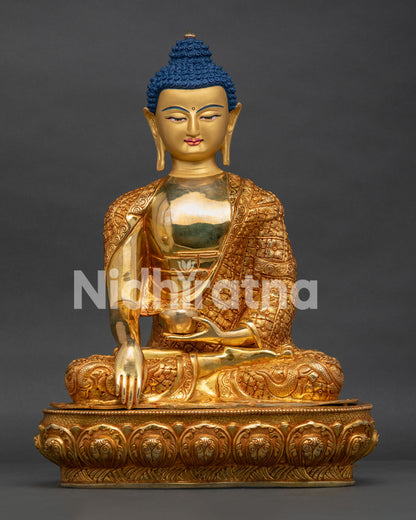 Handcrafted Shakyamuni Buddha Statue Front View Gold Fire Gilded Copper Sculpture