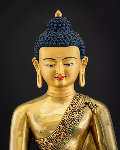 Handcrafted Shakyamuni Buddha statue front view showing gold Kasaya robe and serene painted face