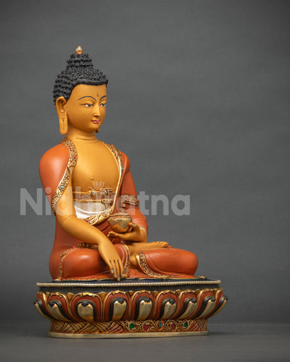 Handcrafted Shakyamuni Buddha statue in Bhumisparsha Mudra, side view on a lotus pedestal