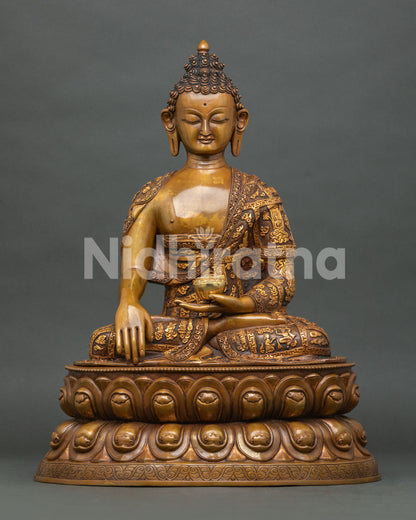 Handcrafted Shakyamuni Buddha statue in brown oxidized copper with gold-gilded robe on double lotus pedestal