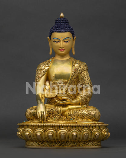Handcrafted Shakyamuni Buddha statue in fire-gilded copper with earth-touching mudra
