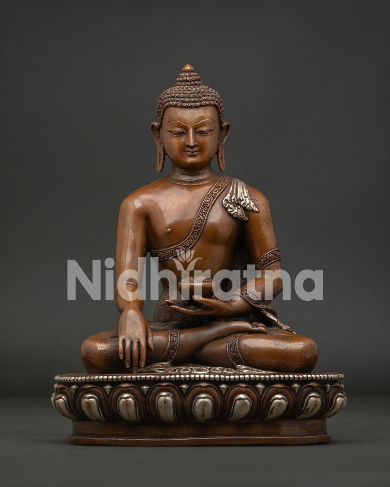 Handcrafted Shakyamuni Buddha Statue in Oxidized Silver Plated Copper.