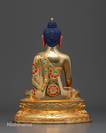Handcrafted Shakyamuni Buddha Statue seated on a carved lotus pedestal from Patan, Nepal