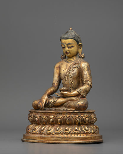 Handcrafted Shakyamuni Buddha statue seated on double lotus pedestal.