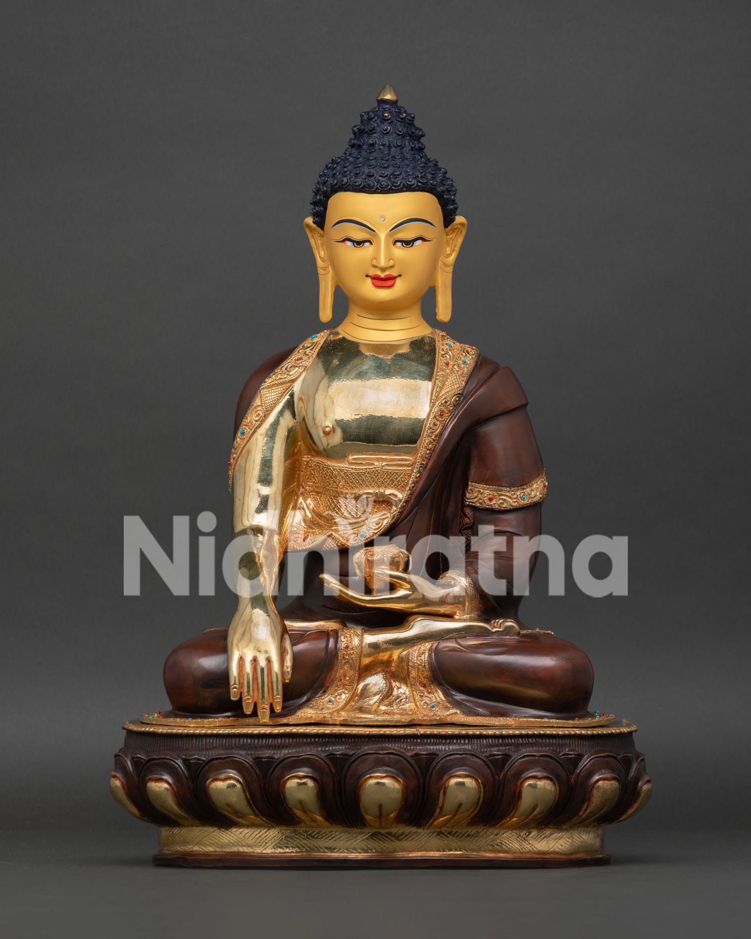 Handcrafted Shakyamuni Buddha Statue with 24K Gold Face and Turquoise Coral Details.
