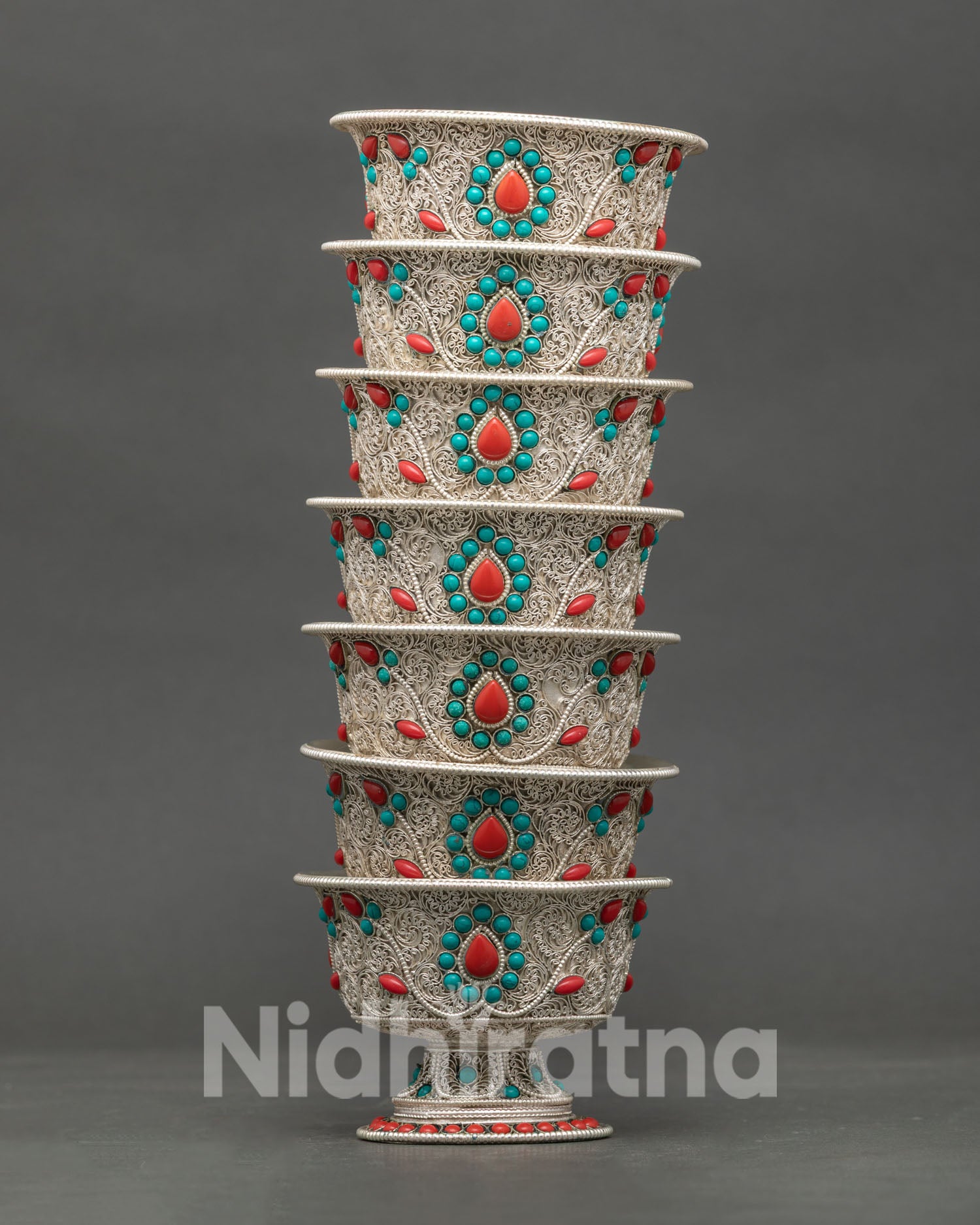 Handcrafted Silver Water Offering Bowl with Filigree Work and Semi Precious Stones from Nepal