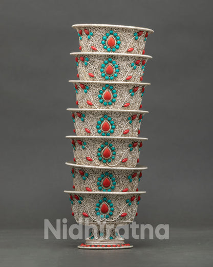 Handcrafted Silver Water Offering Bowl with Filigree Work and Semi Precious Stones from Nepal
