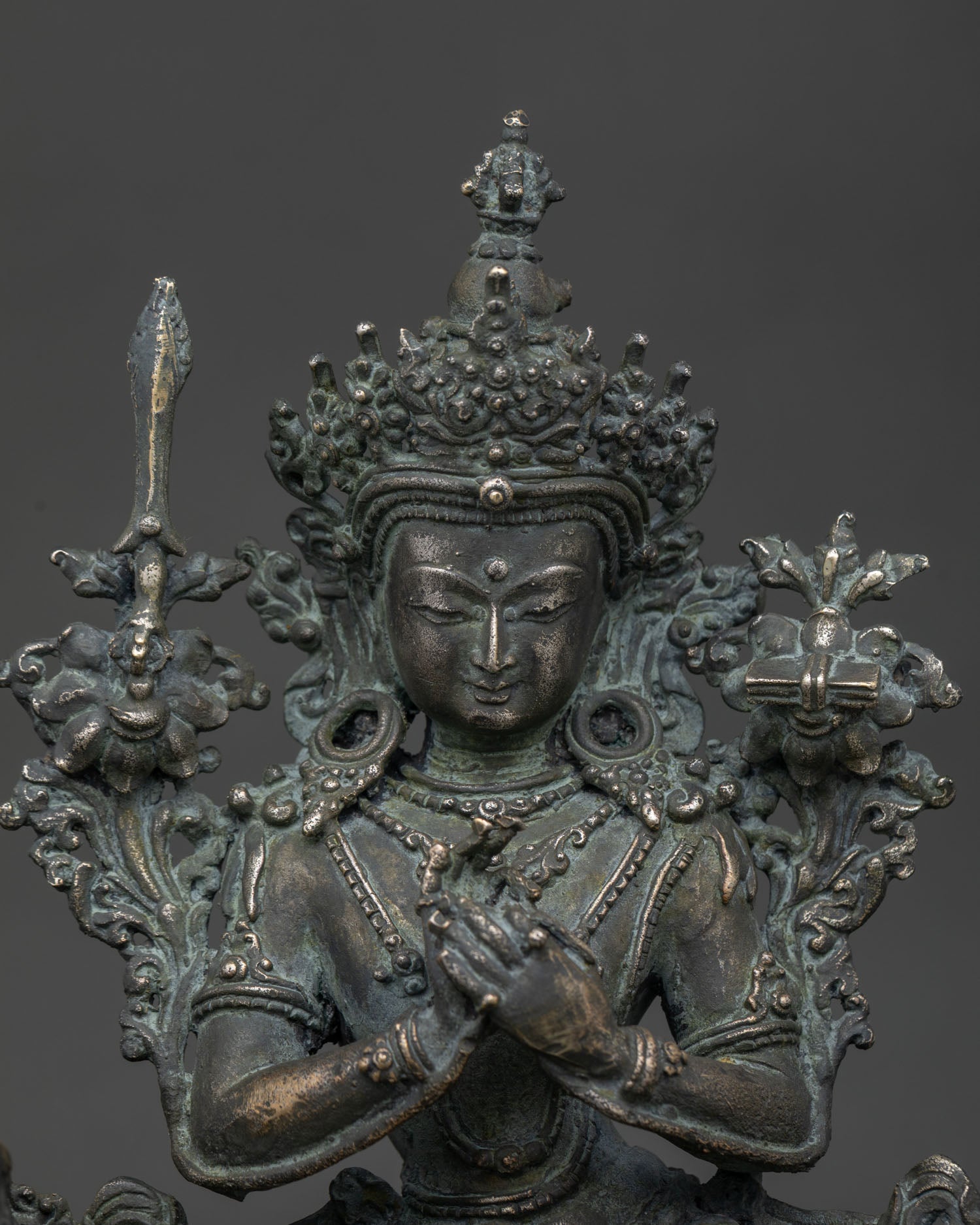 handcrafted simhanada manjushri bronze statue close up