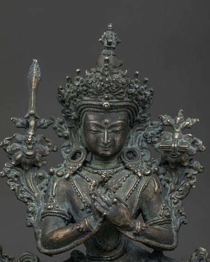 handcrafted simhanada manjushri bronze statue close up