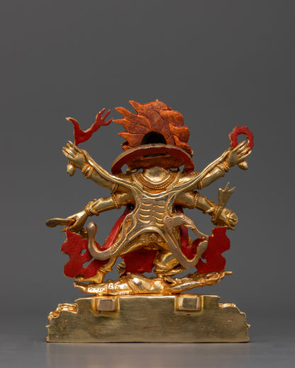 Handcrafted Six Armed Mahakala Statue Seated on Lotus Pedestal with Intricate Nepalese Buddhist Carvings