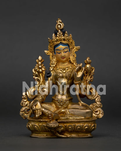 Handcrafted Small Green Tara statue with gold gilded copper body made by Newari artisans in Nepal