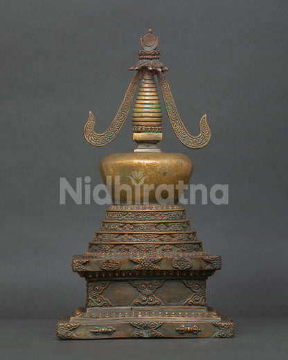 Handcrafted stupa in antique copper by newari artisans.