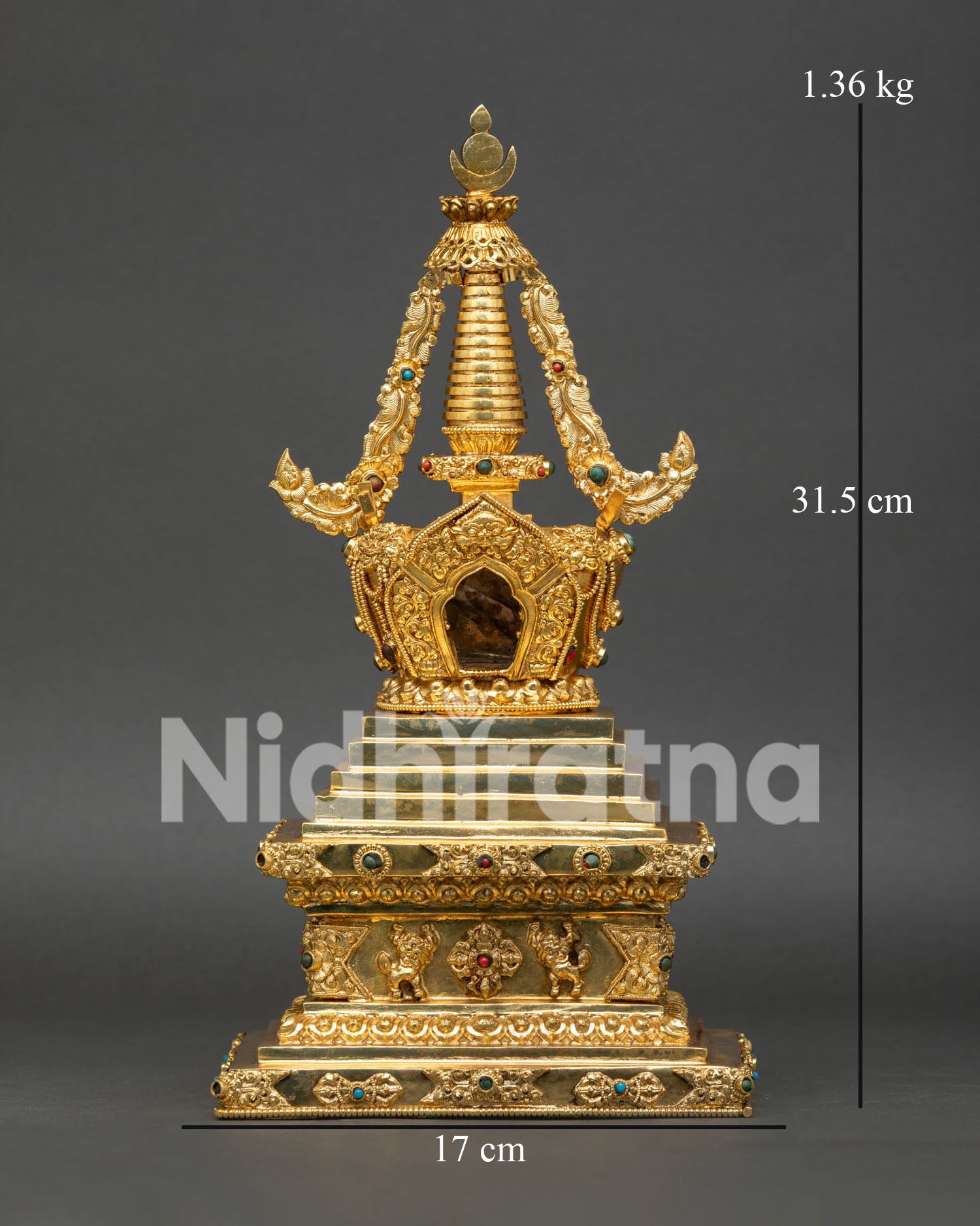 Handcrafted Stupa in Gold Plated Copper with Semi Precious Stones from Nepal