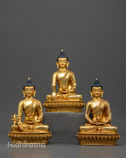 Handcrafted Three Buddha Set Statue Shakyamuni Amitabha Medicine Buddha Nepal.