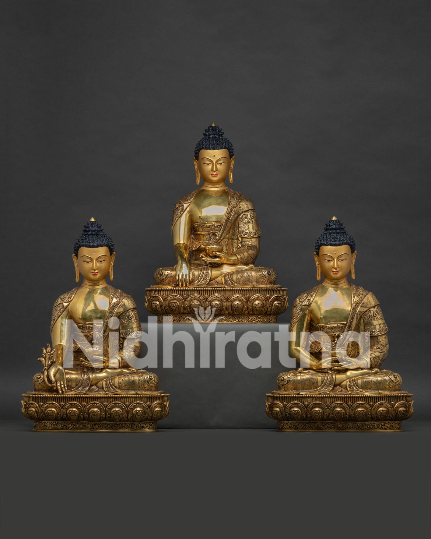 Handcrafted Three Buddha Statue Set with gold gilded Shakyamuni, Amitabha and Medicine Buddha figures