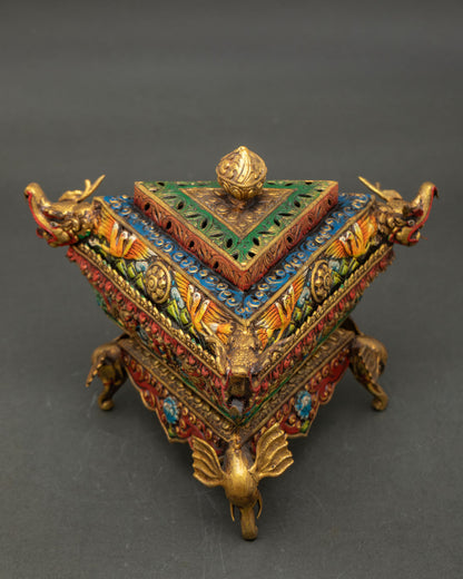 Handcrafted Tibetan Buddhist Incense Burner with gold gilded details
