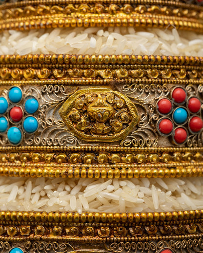 handcrafted tibetan mandala offering set with auspicious symbols turquoise coral and gold filigree