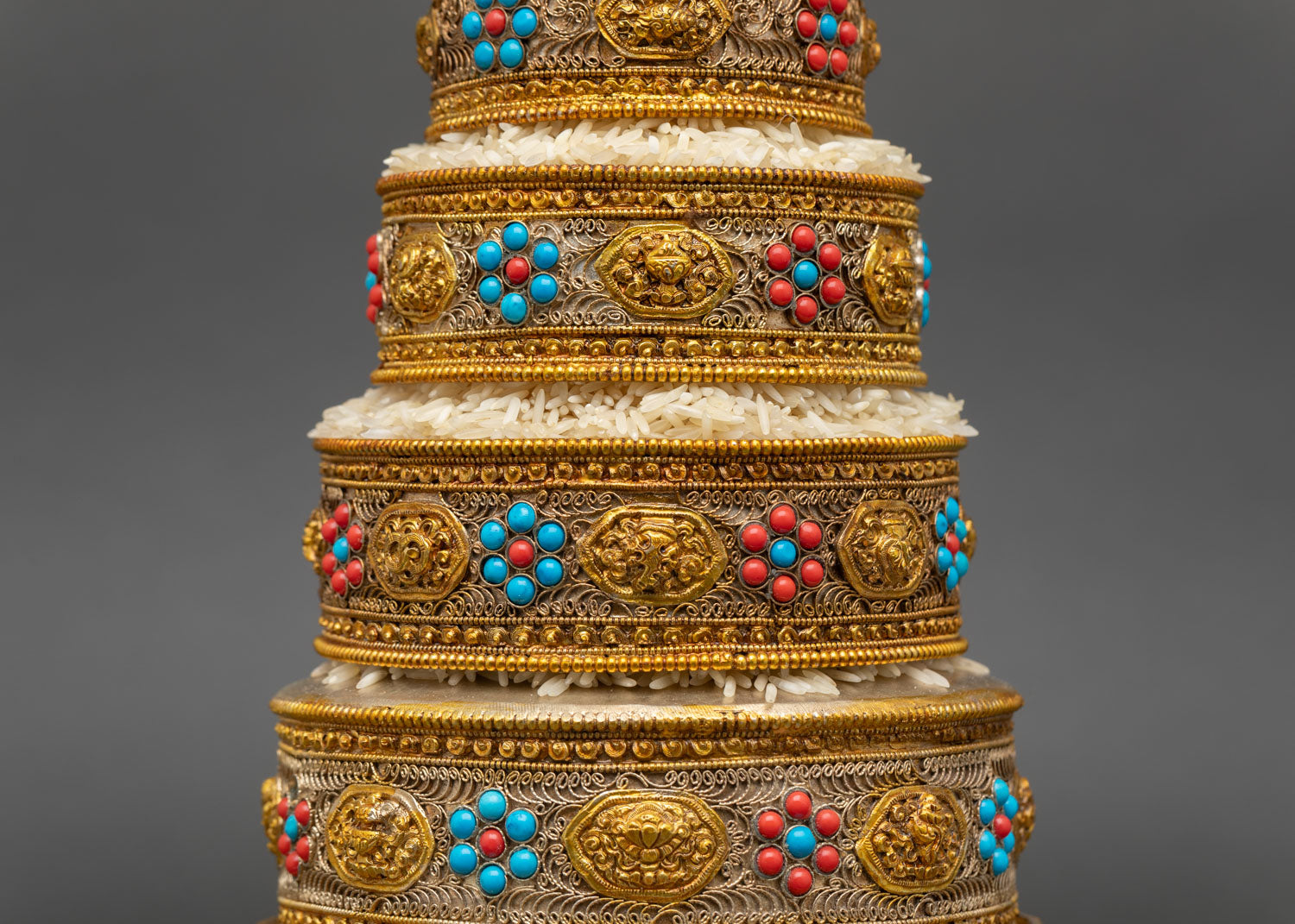 handcrafted tibetan mandala offering set with turquoise coral and gold-gilded filigree