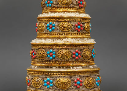 handcrafted tibetan mandala offering set with turquoise coral and gold-gilded filigree