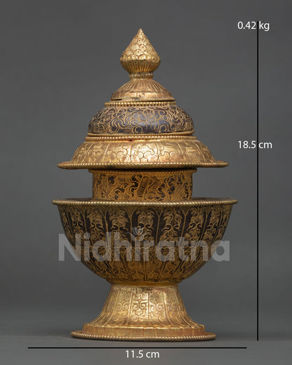 handcrafted tibetan neshi rice pot with gold gilding and oxidized copper finish
