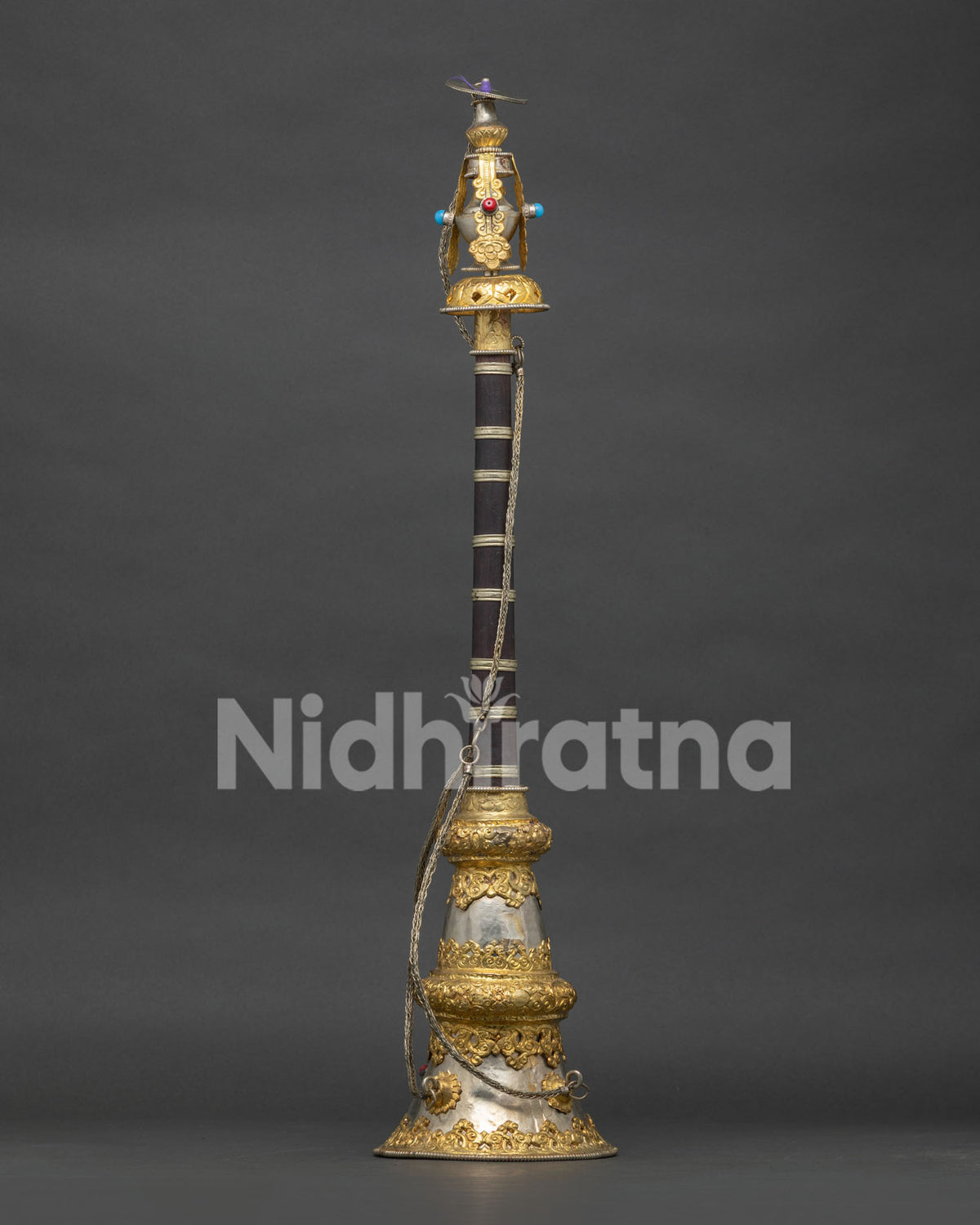 Handcrafted Tibetan Ritual Wind Instrument with Elegant Metalwork and Gemstone Decoration